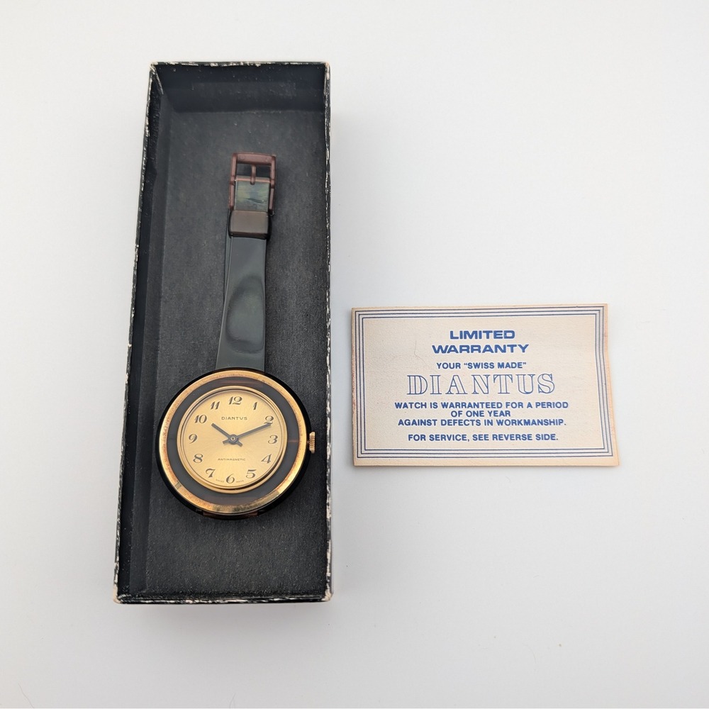 Vintage 1970s Diantus Swiss Mechanical Amber Lucite Watch See Thru Box Papers